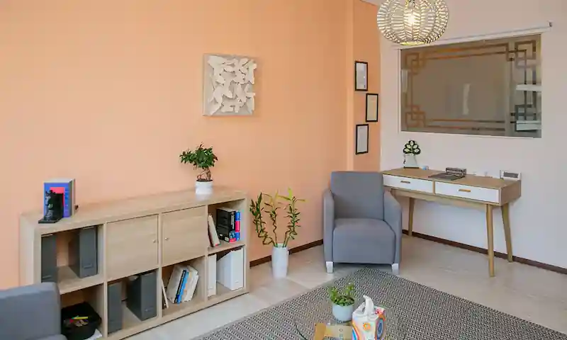 Εσωτερικός χώρος του γραφείου με ξύλινη βιβλιοθήκη, γραφείο και πολυθρόνα
