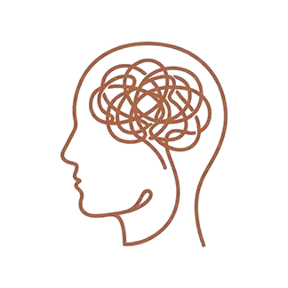 Γραμμικό εικονίδιο κεφαλιού με κόμπο, συμβολίζοντας το άγχος και την υπερανάλυση.