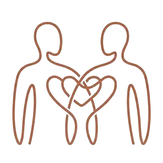 Αφηρημένο σχέδιο δύο ανθρώπων που συνδέονται περίπλοκα, συμβολίζοντας τα προβλήματα σχέσεων και τη θεραπεία ζεύγους.